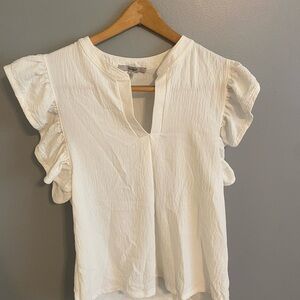 Papaya White V-neck Flutter Sleeve Blouse with Ruffled Relaxed Fit